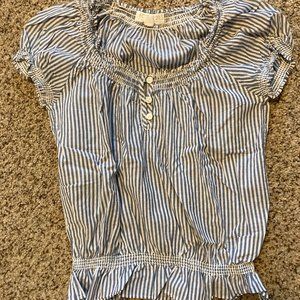 Forever21 Cute Bohemian White and Blue Lightweight Cotton Short Sleeved Shirt, M